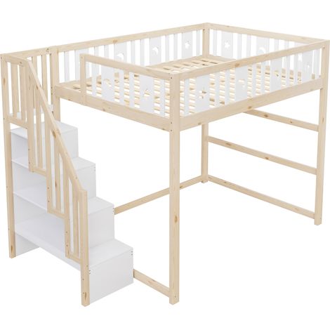 Letto a soppalco per bambini 140x200 cm con scala, contenitori e decoro luna stelle (1/5)