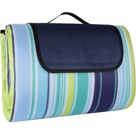 200 x 200 cm Grande couverture de pique-nique imperméable anti-sable, couverture de plage 3 couches avec poignée de transport, tapis de pique-nique extérieur (rayures verticales bleues)