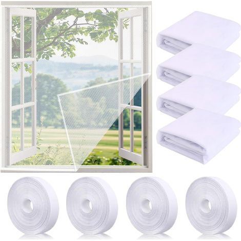 Lot de 4 moustiquaires pour fenêtres avec 4 rouleaux de ruban adhésif, infroissables et résistantes à l'usure, compatibles avec la plupart des fenêtres (150 x 130 cm) (blanc)