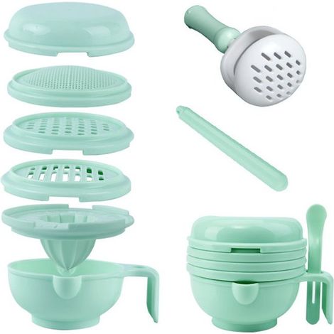 Ensemble multifonctionnel portable de broyeur pour aliments pour bébés, équipé d'un pilon, d'un pilon manuel, d'un presse-agrumes et d'une râpe pour la préparation des aliments pour bébés. (1/5)
