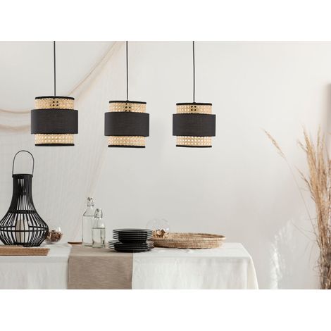 LED Pendelleuchte 3-flammig aus Rattan Lampenschirmen mit Stoff, Breite 74cm (1/5)