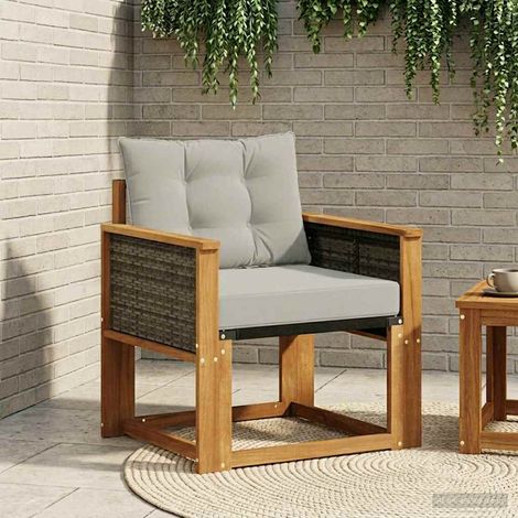 Canapé d'extérieur 1 place en bois d'acacia massif avec coussin gris clair pour jardin - PANGIVO (1/5)