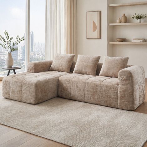 Canapé d’angle 250x158x60 cm en chenille kaki avec méridienne, poches latérales et 3 coussins (1/5)