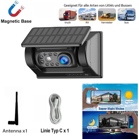 Caméra de recul magnétique solaire sans fil pour caravane bus camion batterie vision nocturne (1/5)