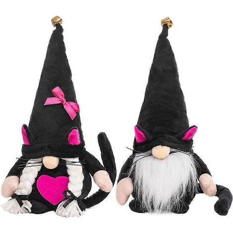 Schwarze Katze für Katzen, schwedische Wichtel Tomte Dekorationen Plüsch Sammlerfiguren, skandinavische Elfen Bauernhaus Dekoration Frühling Sommer, Elfenpaar.