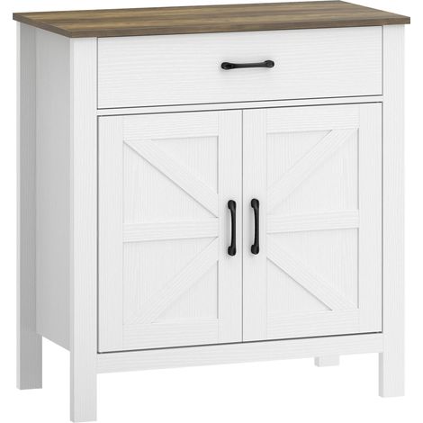 Buffet de salon, meuble de stockage avec 2 portes coulissantes de style grange, tiroir et étagère ajustable, 77x39,3x81,5cm, blanc et marron (1/5)