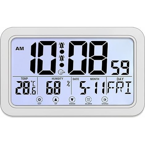 Touchscreen-Wecker mit Nachtlicht, Temperatur-, Luftfeuchtigkeits-, Datums- und Uhrzeitanzeige, zum Aufhängen oder Aufstellen (1/5)