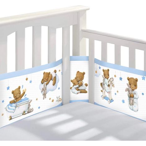 Coussin pare-chocs bébé (nounours bleu), protection tête de lit pour berceau, été 3D respirant, amovible et lavable. (1/5)