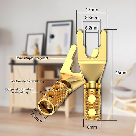 vis cuivre pur pour haut-parleur, cosse de câble, fourche, cosses de fourche, fiche U pour chaîne HiFi, amplificateur/haut-parleur, câble de haut-parleur 4,5 mm (1/4)