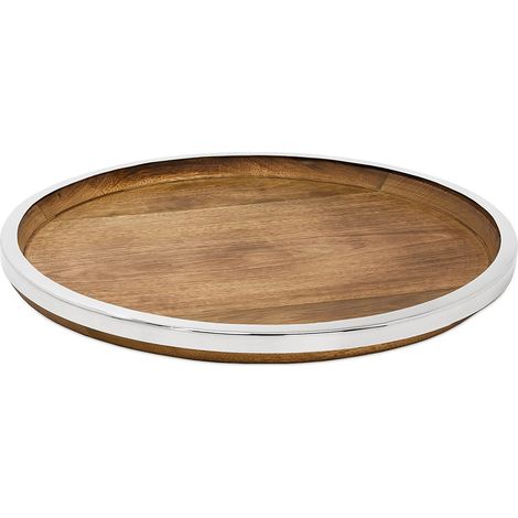 Plateau de service Cincinnati en bois de manguier et acier inoxydable nickelé brillant Ø 40 cm - PANGIVO (1/5)