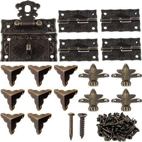 1 pcs Fermoir Boite Verrou Décoratifs Antiques 8 pièces Coin Décoratif Protection Couverture 4 pcs Charnière en Métal 4 pcs Pied D’angle Décoratifpour boîte à bijoux en bois bronze (1/5)