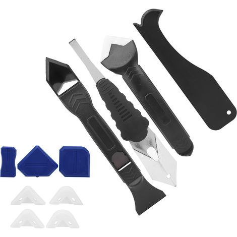 Un ensemble de 11 pièces comprenant des spatules d'étanchéité en plastique, des outils de lissage de joints, des embouts de nettoyage et des spatules pour étaler le mastic. (1/5)