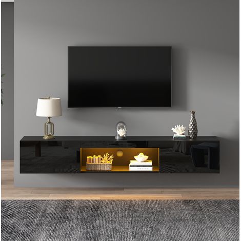 Mobile TV sospeso 160 x 31 x 22 cm nero in MDF con LED e 2 ante (1/5)