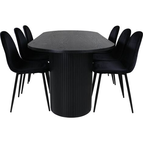 BiancaBL Essgruppe Esstisch schwarz und 6 Polar Esszimmerstühle Velour schwarz.