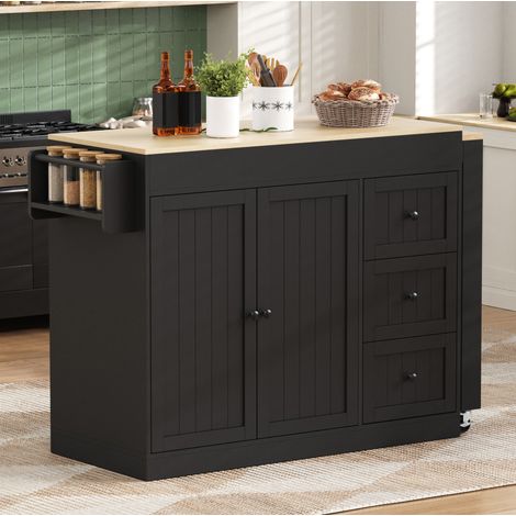Isola cucina mobile estensibile con 3 cassetti, armadietto, portacondimenti e ruote, nero DESVIAE (1/5)