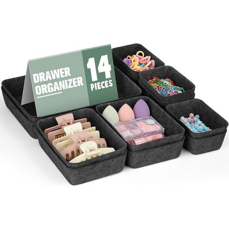 Lot de 14 Organisateurs de Tiroir en Feutre, Rangement Maquillage Tiroir, Organiseurs de Tiroir avec 3 Tailles, Boîtes de Rangement en Feutre pour Bureau Coiffeuse - Gris Foncé (1/5)