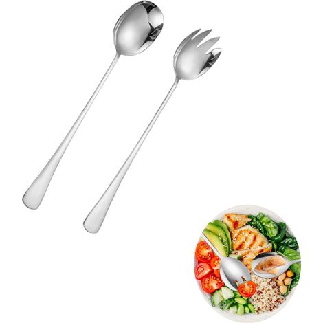 Couvert à Salade Couverts à Salades en Acier Inoxydable Ensemble de Service à Salade Cuillère et Fourchette à Longs Manches Passe au Lave-Vaisselle pour Cuisine et Salle à Manger (1/5)