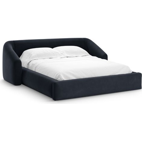 Lit coffre avec tête de lit 200x140cm en velours bleu foncé (1/5)