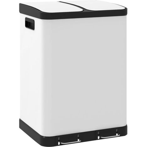 Poubelle de cuisine 2 x 30L avec pédale en acier inoxydable, 2 compartiments, couvercle à fermeture douce, 60L, blanc