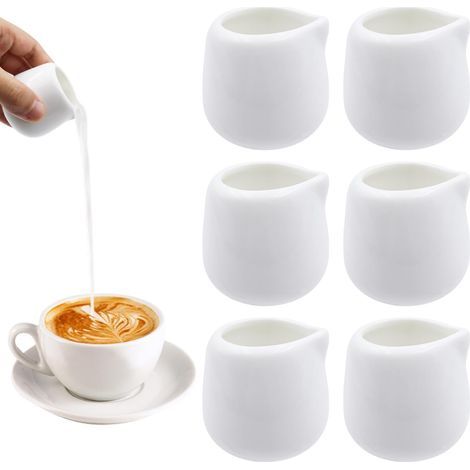 Mini Milk Jugs, 6 Pieces, Porcelain Milk Jugs Without Handles, 50ml Small White Ceramic Milk Jugs, Ceramic Milk Pitcher for Milk, Coffee, Sauce, Juice, Cream, Hotels, Cafes (1/5)