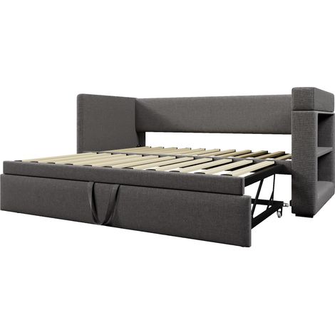 Letto divano capitonné 90x190 cm in tessuto cotone-lino, letto estraibile, USB-C, grigio (1/5)