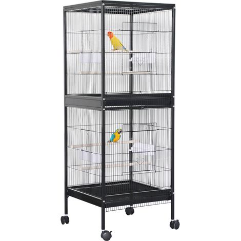 Cage à oiseaux en fer forgé avec support roulant - 2 niveaux empilable, toit ouvrant avec aire de jeu, plateaux amovibles, perchoirs & mangeoires - Canaris/Perruches/Calopsittes - Noir, 52,5×50×143 cm (1/5)