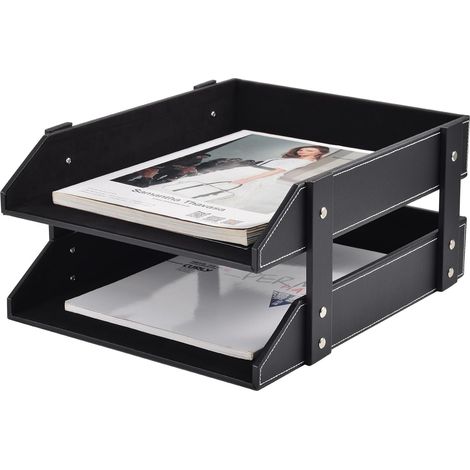 Organizador de escritorio apilable de cuero con compartimentos para archivos, material de oficina y objetos pequeños, color negro. (1/5)