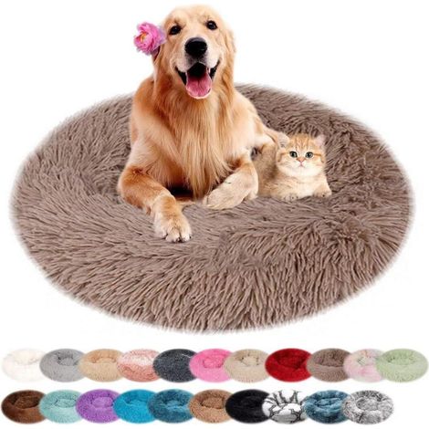 Lit rond pour chien en peluche pour petits et grands chiens, lavable, 70cm, beige-brun