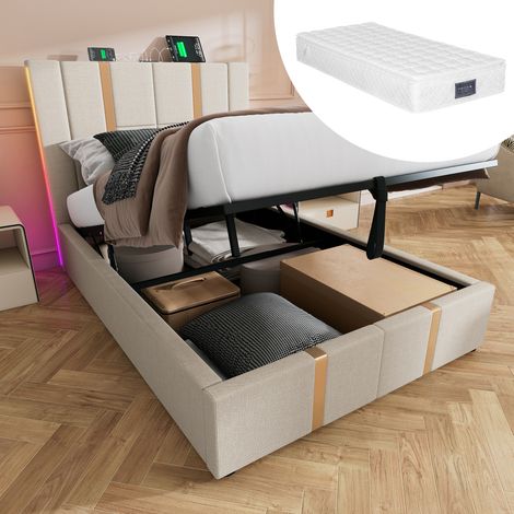 Lit rembourré moderne 90x200 cm en lin beige avec tête de lit USB/Type-C, LED RGB et coffre de rangement (1/5)