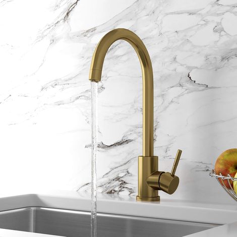 1 - Robinet Mitigeur - Évier Cuisine - Bec Pivotant - Acier Inoxydable 304 - Finition Laiton Brossé - Cuisine Moderne - Doré - 25,0cm (1/3)