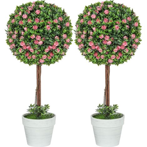 Set of 2 Decorative Artificial Plants, Ball Topiary Tree with Rose Flower in Pot, Fake Plants for Home Indoor Outdoor Decor, 60cm, Pink