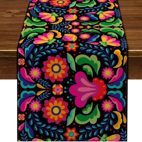 Chemin de table mexicain pour la Fête des Morts, motif floral et crânes, décoration d'Halloween pour salon et meuble TV - 30 x 180 cm (polyester) - WSJZQ-9