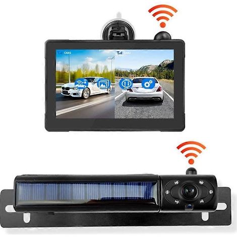 Caméra de recul sans fil solaire pour voiture, moniteur HD 1080p de 5 pouces, système de caméra de recul 5 000 mAh pour camion, pick-up, voiture, camping-car et SUV (1/5)