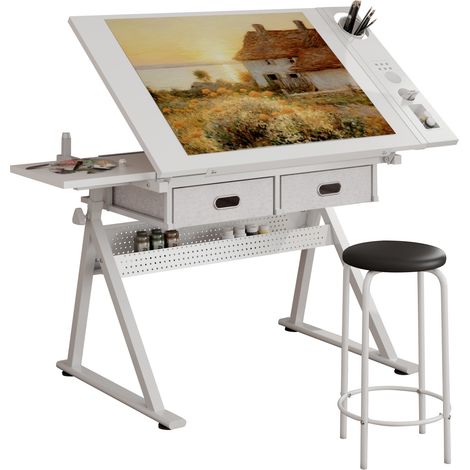 Verstellbarer Zeichentisch mit 2 Schubladen und Hocker Weiß MDF Metall 98 x 60 cm (1/5)