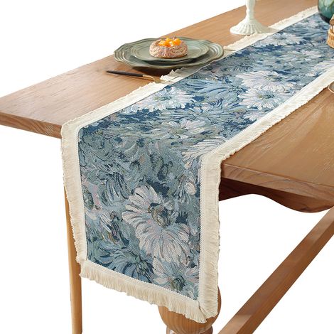 Nappe De Table Longue - En Coton Et Lin Épais - Finition Dentelle - Pour Table À Manger Café Bureau Chevet - 30 X 180 Cm - 1 Pièce (1/5)
