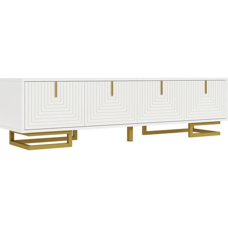 Mueble TV de 160 cm con 4 puertas, acabado blanco texturizado, tiradores y patas doradas HOMVRA (1/5)