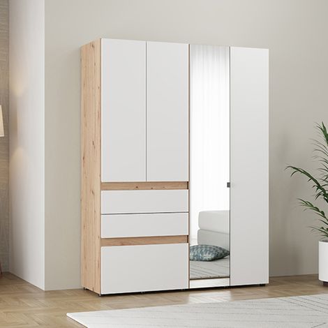 Großer Kleiderschrank Ushuaia, Schlafzimmer Schrank 3 Schubladen, 3 Regale, Kleiderstange, 155x208h cm Mattweiß (1/5)