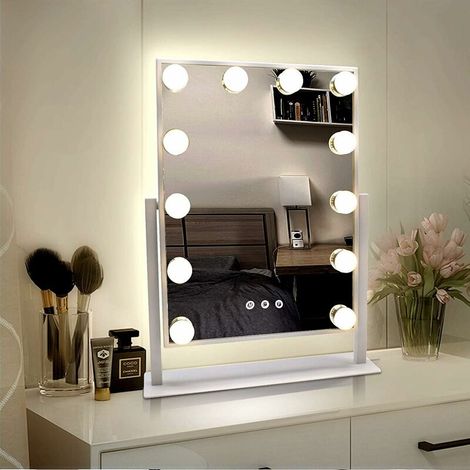 Specchio da trucco Hollywood con luci, ampio specchio da trucco illuminato con 3 colori di luce e 12 lampadine LED dimmerabili, touch screen, rotazione a 360 gradi.