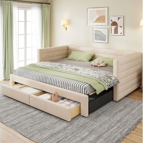 Canapé cama extensible 3 en 1 90 x 190 cm con cajones, beige HAVRYA (1/5)