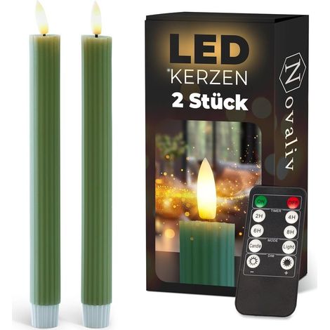 Bougies bâton LED avec minuterie verte pack de 2 intérieur avec minuterie de 6 heures - VRAIE CIRE nervurée hauteur 23 cm pour bougies diamètre 2,2 cm