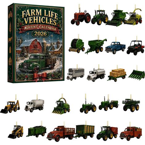 Landwirtschaftliche Fahrzeuge Adventskalender 2026 – 24 verschiedene 2D-Acryl-Dekorationsartikel mit Traktoren und Landmaschinen – 24-tägige