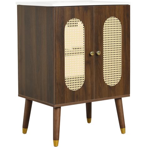 Mobile lavabo 61 cm in MDF color noce con lavello in ceramica e ante in rattan (1/5)