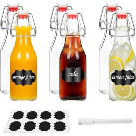 Lot de 6 Bouteille en Verre avec Bouchon Mécanique de 250 ml, Mini Bouteille Verre con 12 Étiquettes et 1 Stylo pour Liqueurs, Huile, Vinaigrette, Bière, Jus (1/5)
