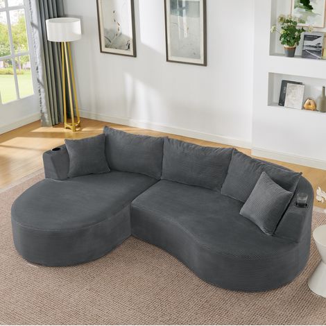 Divano 3 posti grigio in tessuto a coste con chaise longue sinistra, portabicchieri e cuscini (1/5)
