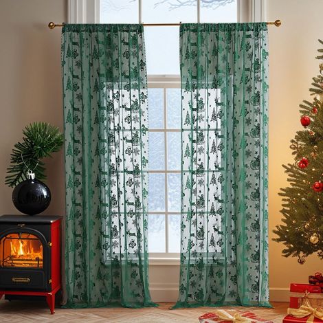 Rideau Transparent De Noël - Imprimé Flocon De Neige - Poche Pour Tringle - 140x100 cm - Vert - 2 Pièces (1/5)