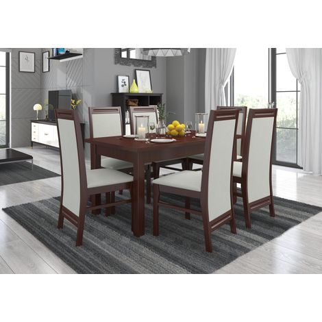 Ensemble table extensible 140-180cm et 6 chaises bois Noyer foncé et beige clair Komba (1/4)