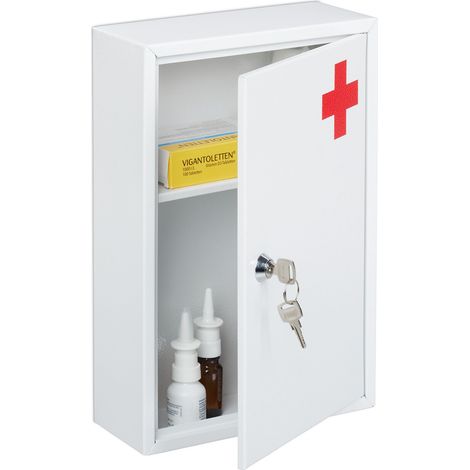 Relaxdays Armadietto Pronto Soccorso, Cassetta Medica, 2 Scomparti, Kit Medicinali, da Muro, 32x21,5x8 cm, bianco/rosso (1/5)