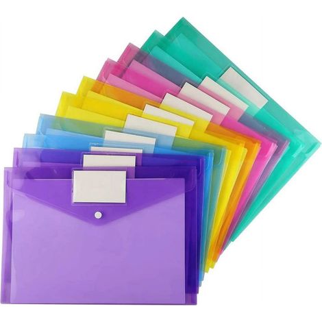 File Holder - 10 Pcs Snap Button Document Envelope - A4 Size - Transparent PVC - Label Pocket - Assorted Colors (1/3)