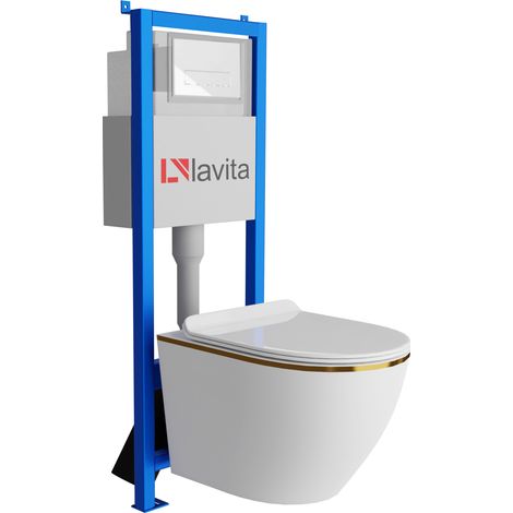 Bâti-support Lavita LAV 101 à 40 cm + WC Sofi Slim Gold Line sans bord + plaque de commande LAV 200.3.1 blanc Kit complet WC (1/5)