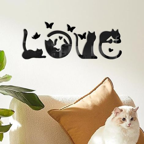 decoration murale, 4pcs lettre d'amour de mode chat stickers muraux autocollants effet miroir DIY stickers muraux pour maison cuisine salon chambre Tv fond - noir (1/5)